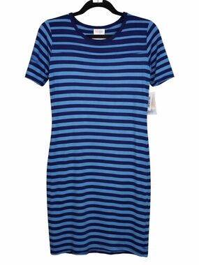 NWT LuLaRoe Julia Blue Striped casual summer Midi knee length Dress large